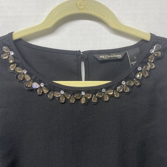Millenium Womens Blouse Large Black, Beaded & Lace Embellished Business Office - Picture 1 of 9